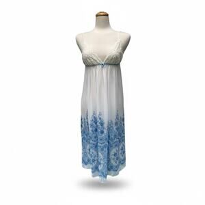 VTG In Bloom Jonquil Babydoll Nightgown Chemise Sz M Sheer Blue Floral Coquette